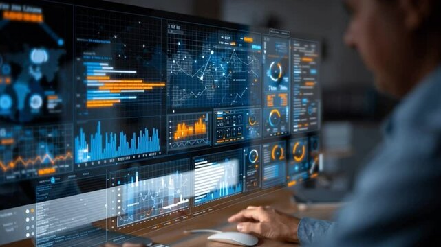 A person interacts with a futuristic computer interface displaying data analytics.