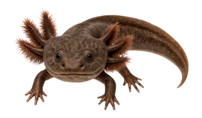 Mudpuppy with bushy external gills and mottled brown skin