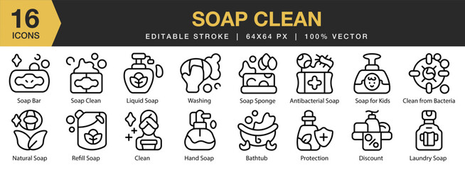 Soap Clean icon set. Editable Stroke Icon Collection. Includes soap, cleaner, clean, wash, hygiene, water, and More. Outline icons vector collection.