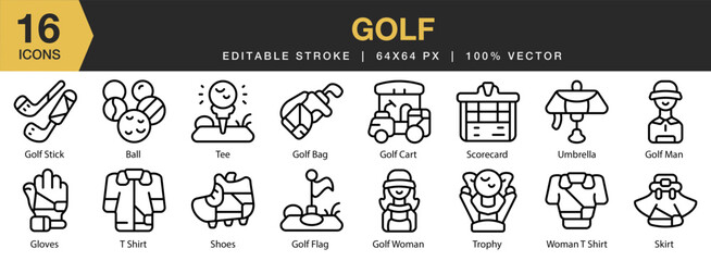 Golf icon set. Editable Stroke Icon Collection. Includes golf, game, sport, green, grass, and More. Outline icons vector collection.