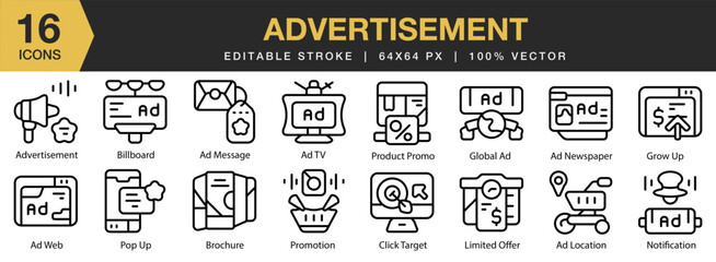 Advertisement icon set. Editable Stroke Icon Collection. Includes advertising, business, marketing, media, web, and More. Outline icons vector collection.