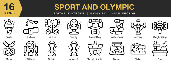 Sport And Olympic icon set. Editable Stroke Icon Collection. Includes sport, competition, game, athlete, paris, and More. Outline icons vector collection.