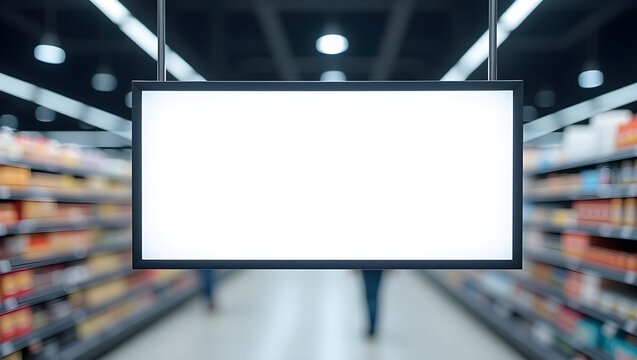 A photograph of a supermarket aisle with a large, bright, white display screen in the center. The screen is framed by a dark, rectangular borde