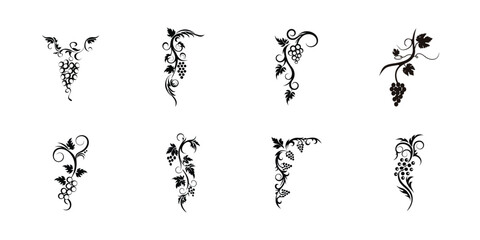 Grape vine silhouette vector icons with swirling leaves and artistic curves for wine branding, packaging design, farming symbols, and decorative themes

