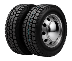 Dual rear truck wheel with chrome hubcap and deep tread pattern