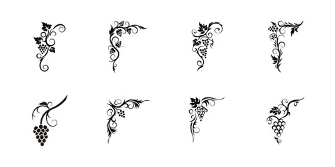 Decorative grapevine silhouette vector art set with ornate leaves and swirls, perfect for wine decor, winery labels, vintage logos, and illustrations

