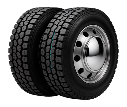 Dual rear truck wheel with chrome hubcap and deep tread pattern