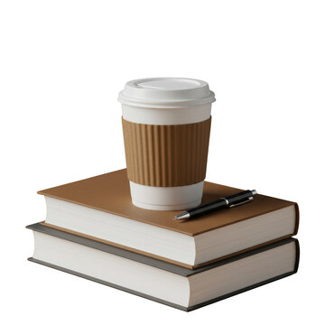 Coffee cup on top of stacked books isolated on a transparent background, png, cutout.