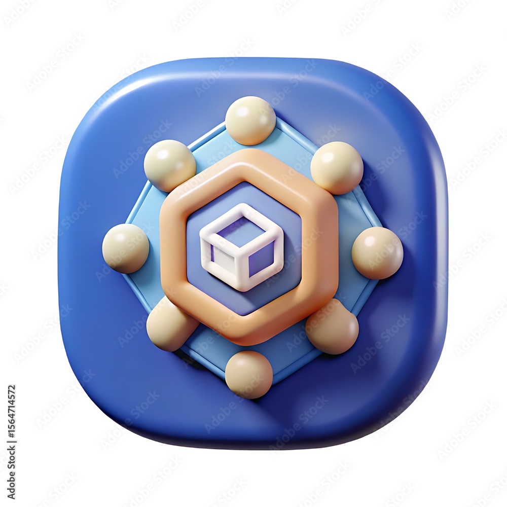 Fototapete blue hexagon network icon: a 3d rendered icon featuring a central cube within an orange hexagon, enc