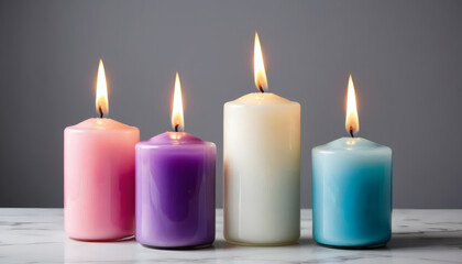 Colorful Flames: Pink, Purple, White, and Blue Candles