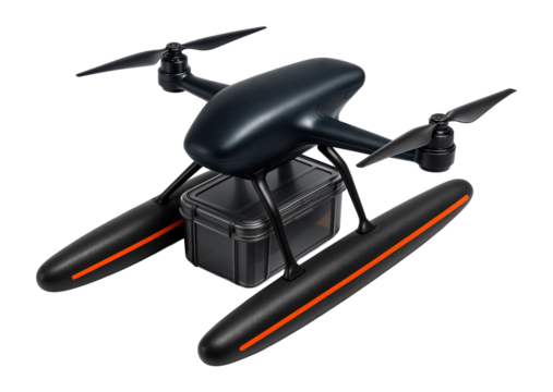 Amphibious delivery drone with pontoons and a waterproof package container