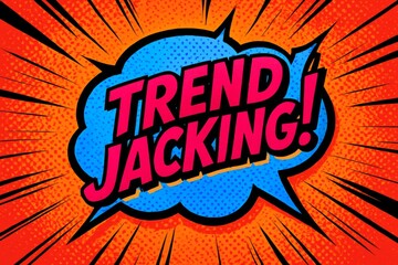 A vibrant comic speech bubble with the text Trendjacking! in bold pink letters. The background features a dynamic halftone pattern in orange and blue. Pop art retro style