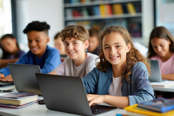 Children in classroom using laptops. Black children studying in school. Students e-learning over computers at school.