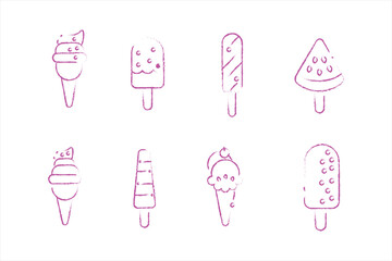 Pink outline sketch ice cream vector collection with cones, popsicles, frozen treats and summer desserts in modern line art style for design use