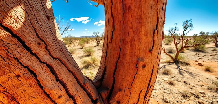 Stripped eucalyptus bark, sun-baked outback landscape , wildlife, dry