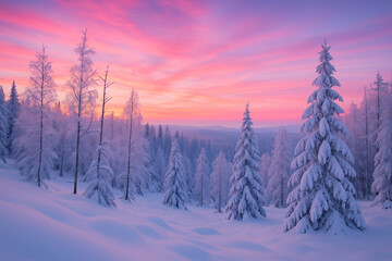 Magical Winter Forest Covered in Snow with Colorful Pink and Purple Sunset Sky