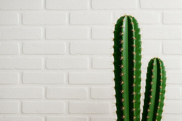 Minimalist Green Cactus Plant Against White Brick Wall Background in Natural Light