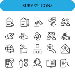 A set of 20 survey-related icons presented in a grid. The icons are simplistic line drawings in black on a white background.