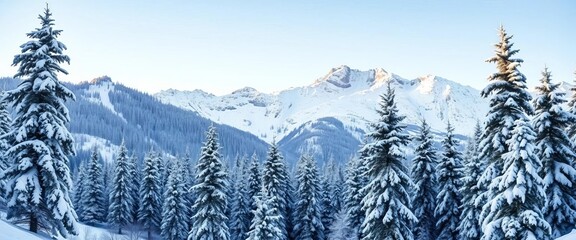 Vertical postcard design featuring a winter mountain landscape with snow-covered trees; editable vector illustration,  snowy,  editable