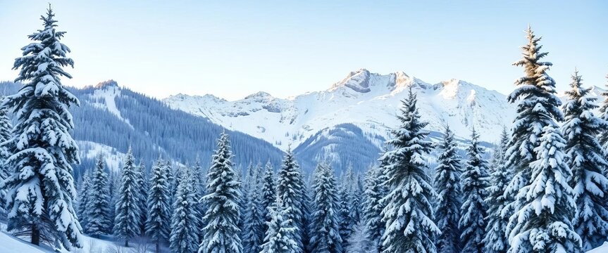 Vertical postcard design featuring a winter mountain landscape with snow-covered trees; editable vector illustration,  snowy,  editable