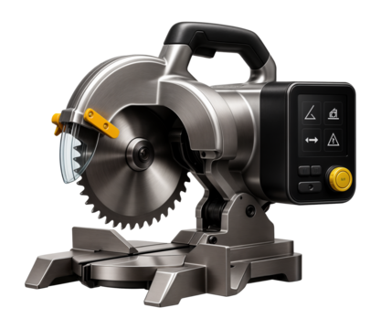 CNC miter saw with a programmable interface and interchangeable blades for diverse material cutting in a manufacturing plant