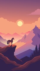 Fototapeta premium Serene Sunset: Horse Silhouette on Mountain Peak, Vector Illustration, Peaceful Landscape