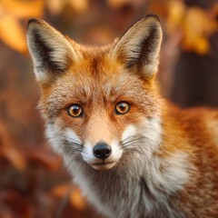 Fototapeta premium A close-up portrait of a red fox, its intense gaze captivates viewers, set against a blurred natural backdrop. The fox's fur has vibrant reddish-orange tones, highlighted by the warm light.