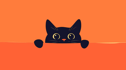 Cute Black Cat Peeking Over Orange Background with Curious Eyes in Minimalist Illustration Style
