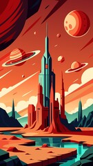 Futuristic Martian Cityscape: Vibrant Vector Illustration of a Red Planet Tower and Celestial Bodies.

