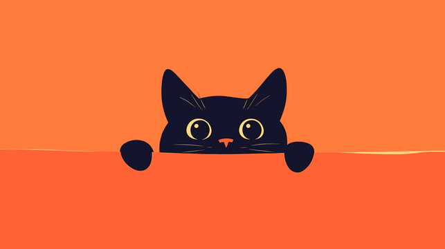 Cute Black Cat Peeking Over Orange Background with Curious Eyes in Minimalist Illustration Style