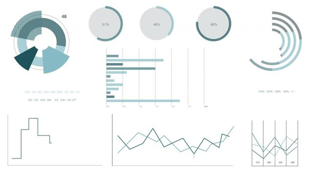 Market data analysis with light blue and grayish infographics, charts and diagrams isolated on white background. 4K animation 