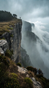Foggy cliff with vegetation and dramatic rock formations