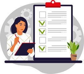 To do list concept. Woman is standing near large to do list on transparent background.