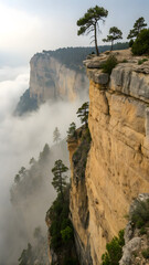 Misty cliff with layered tan rocks and sparse greenery