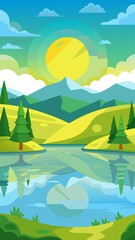 Serene Mountain Lake Landscape: Vibrant Summer Sunrise Reflection, Flat Vector Illustration


