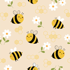Seamless pattern with cute bee and flower on light orange background for your fabric, children textile, apparel, nursery decoration, gift wrap paper, kids bedding. Vector illustration