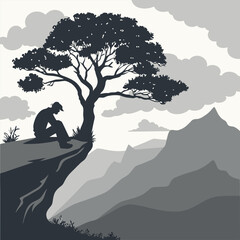 silhouette of a lone tree on a cliff edge 