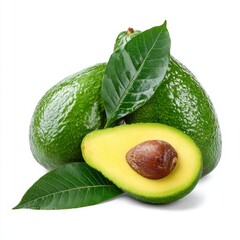 Fresh, ripe avocados with vibrant green leaves, one sliced open showing the creamy interior and pit