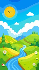 Obraz premium Happy Cartoon Sun Smiles Over Serene River Valley Landscape: Idyllic Springtime Nature Scene, Vibrant Colors