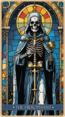 Obraz premium A watercolor skeleton Tarot card 'The Hierophant'.Major arcana set part . Vector hand drawn engraved style. Occult and alchemy symbolism.