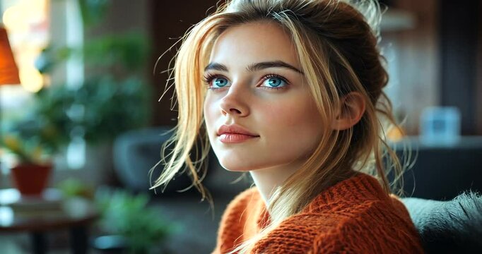Young woman in cozy sweater, reflecting in caf? setting