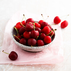 Freshly picked cherries in a bowl