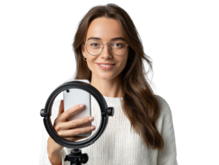 Content Creator Capturing Content: A young woman with glasses, holding a smartphone and using a ring light. She's filming content, showcasing the world of social media and modern video creation. 