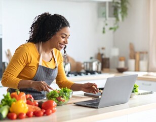 woman cooking from a laptop recipe or video, online learning 