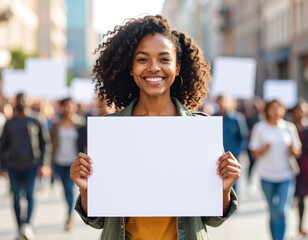 woman holding a blank white sign 