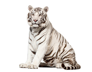 White Tiger in Relaxed Sitting Pose, Head Turned Sideways, isolated on transparent background.