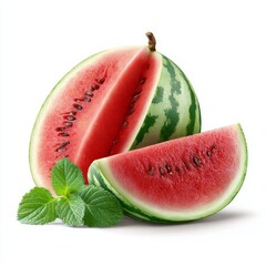Watermelon slices with mint leaves on a white background. The watermelon is ripe, juicy and red, with dark green rind.