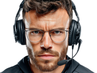 Focused Gamer: A determined young man with a serious expression wears over-ear headphones and a boom microphone, conveying concentration and intensity.