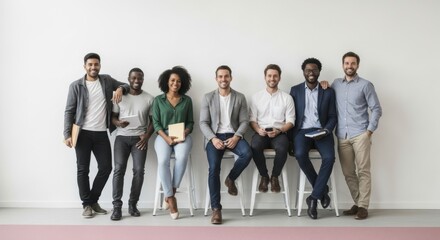 Diverse group of young professionals posing confidently against a white wall