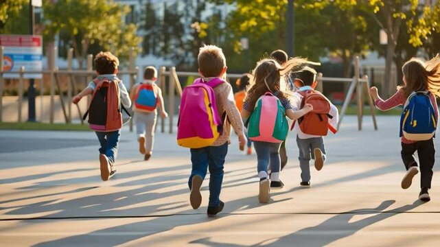 Children running with backpacks in a vibrant outdoor setting during daytime. Back to school concept.